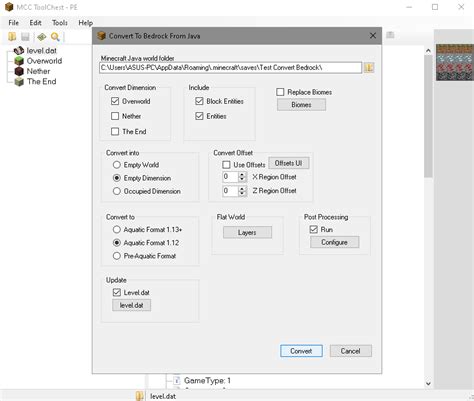 Mcc tool chest java There is a tool out there called "MCC Tool Chest PE" which does a pretty great job at converting LevelDB (Bedrock) to Anvil (Java) maps, which I'm using