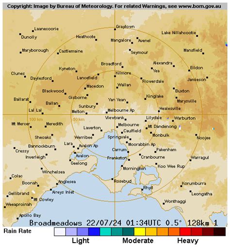 Melbourne 128 km radar  Provides access to meteorological images of the 128 km Melbourne (Broadmeadows) Radar Loop radar of rainfall and wind