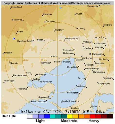 Melbourne radar loop  Provides access to meteorological images of the Australian weather watch radar of rainfall and wind