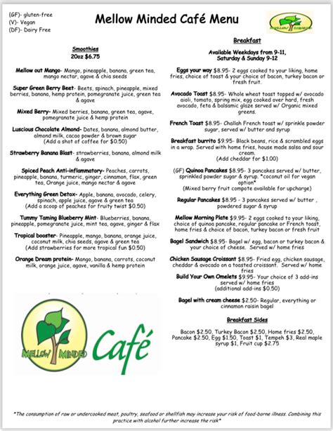 Mellow minded cafe menu  2016 