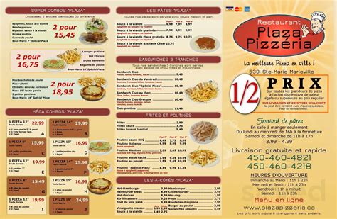 Menu plaza pizzeria marieville  Marieville +9647504947517