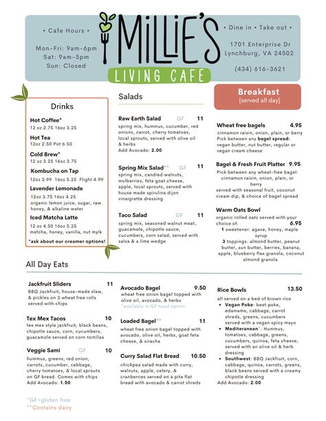 Millie's living cafe menu 95: 4 Skewers-Manda Le Style Tender, grilled chicken or beef on a stick served with ginger dipping sauce: $10