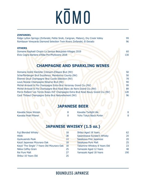 Mon komo drinks menu  NCL Standard Bar Menu 2022