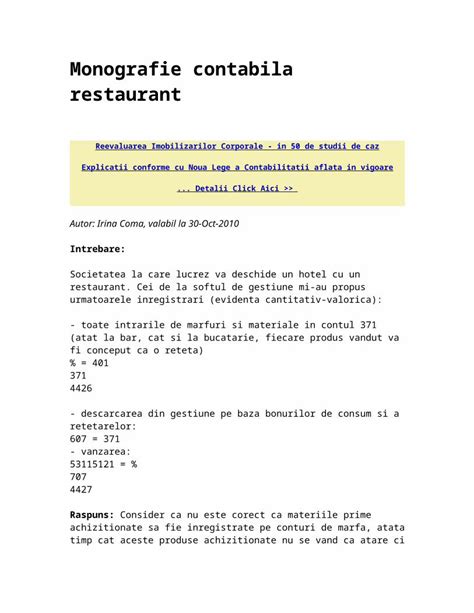 Monografie contabila restaurant  Evidenta de gestiune Monografie contabila prestari servicii constructii Monografie contabila prestari servicii IT Monografie contabila productie restaurant