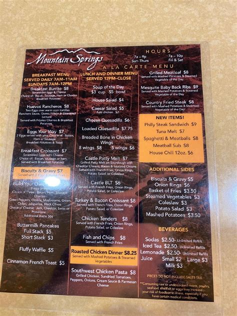 Mountain springs buffet menu  American, Cafe $$ - $$$ Menu