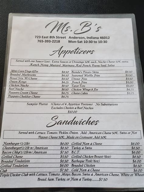 Ms b's cafe and grill menu 