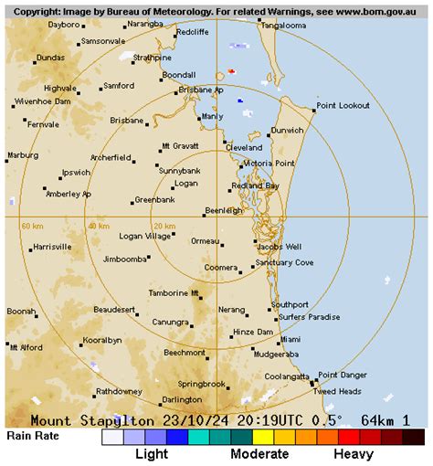 Mt stapylton radar 64 km loop  Loops Single images: Radar Site Information: Other Radars: Radar Help Radar: 64 km: 128 km: 256 km: 512 km composite: National: Doppler wind: Rainfall: 5 min: 1 hour: Since 9 am: