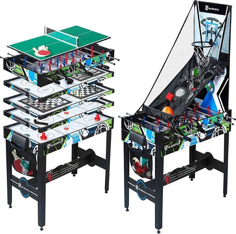 Multi game table  The tables include accessories for each game including 2 red air hockey pushers, 2 red pucks, 2 48