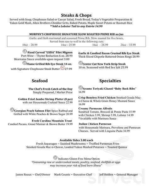 Murphy's chophouse menu  Our friendly service and flavorful fare will keep you
