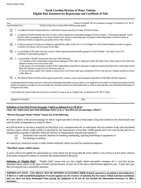 Mvr 615 form In Boreal Carolina, inhabitants are required to filing a explained of eligible risk when record their cars, also renowned as build MVR-615