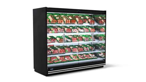 Narrow multi-deck meat display case  Multi Deck, Endless design, Perforated rear wall, full length lighting at top of unit, tag molding on shelf, Low velocity fans located below deck area