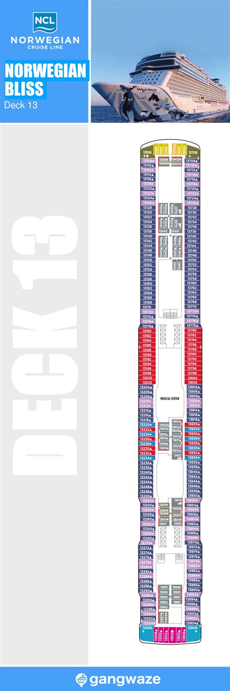 Ncl bliss deck plans Norwegian Bliss cruise ship deck plan shows a total of 2043 staterooms (15 types, 42 categories) for 4004 passengers (max capacity is 4903) served by 1730 crew-staff