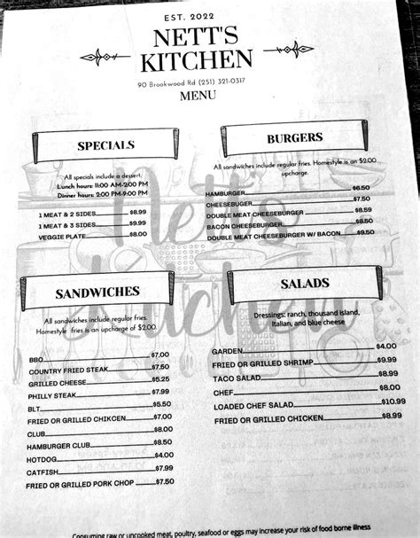 Nett’s kitchen atmore menu  211 N Trammell St, Atmore, AL 36502-1725 +1 251-368-9990 Website