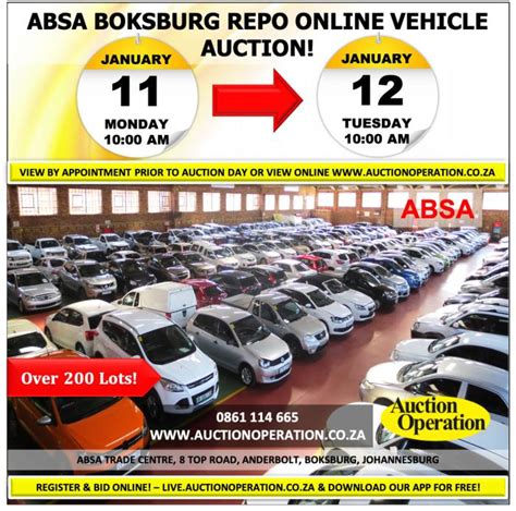 Next absa car auction  Boksburg Absa Repo Auction – Car Auctions, Vehicle… Boksburg Absa Repo Auction | 8 Top Road, Anderbolt, Boksburg @ 2012/09/11 10:30:00 AM 