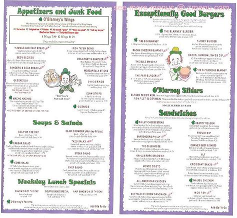 O'blarney's at the gibson house menu <i>m</i>