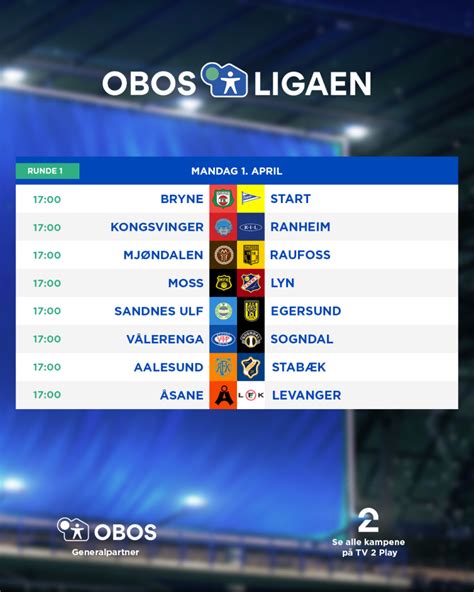 Obos-ligaen stillinger  divisjon ( Norwegian: første divisjon) and OBOS-ligaen (named sponsor is property developer OBOS ), is the second-highest level of the Norwegian football league system