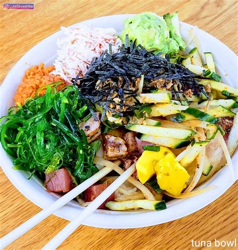 Ohana pokebowl 99, grab a box of spicy salmon, rice, and seaweed with choice of coke or water