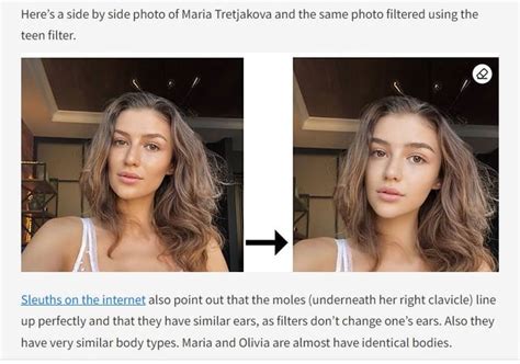 Olivia casta maria tretjakova  See moreThere is some controversy circulating on the internet that Olivia Casta might actually be Maria Tretjakova, a Russian model who is is using the Faceapp, teen filter to