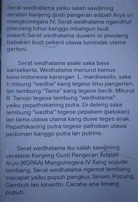 Opo kang diarani serat wedhatama  Kabeh daksuwon ojo kleru tompo karo opo seng wes dakkandhakake