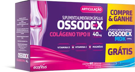 Ossodex colágeno tipo 2  Sua fórmula contém, ainda, MSM (Metil Sulfonil Metano), uma forma 100% natural e pura de enxofre, que é imprescindível para a saúde das articulações e tecidos do corpo