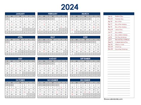 2024 PAKISTAN ANNUAL CALENDAR WITH HOLIDAYS