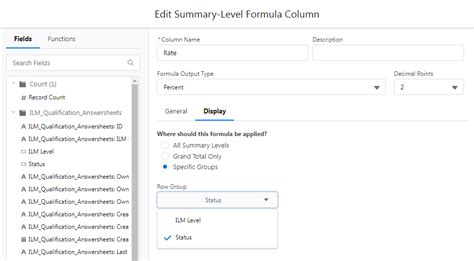 Parentgroupval  The formula syntax is different depending on the report format: In the Summary and Joined reports: PARENTGROUPVAL (summary_field, grouping_level) In the Matrix report: PARENTGROUPVAL