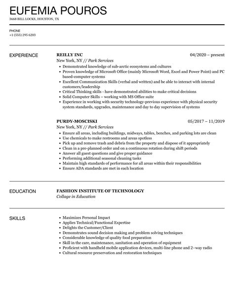 Park services attendant resume examples  Skills : Customer Service, Time Management, Typing 150 Wpm, Translating, Riding,