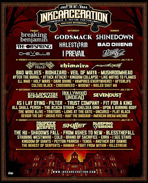 Participation lineup for 2023 inkcarceration festival The 2023 installment of the Inkcarceration Music & Tattoo Festival is in the books after wrapping up a thrilling three-day weekend at the Ohio State Reformatory in Mansfield, Ohio and we've got