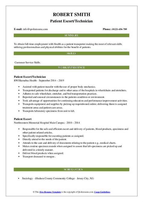 Patient escort resume examples  Ability to work well under pressure in a fast paced