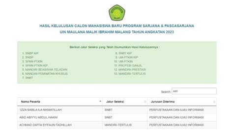 Pengumuman jalur mandiri uin malang 2023  Jul 25, 2023 ·   Simak cara cek hasil jalur mandiri UIN Malang 2023 melalui laman Laman ini menampilkan informasi tentang 13 jalur seleksi, nama peserta, jalur seleksi, dan jurusan diterima