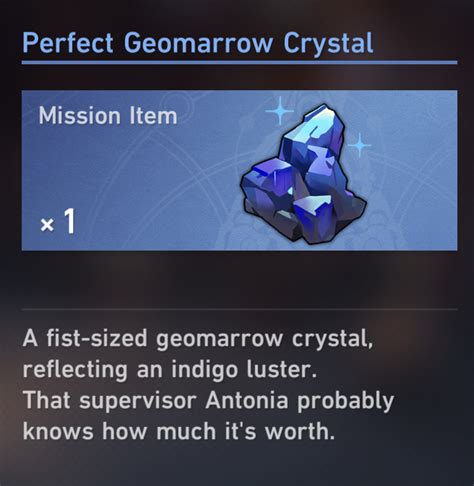 Perfect geomarrow crystal Geomarrow Probe: IPC Designer Invite Julian's Time Capsule: Jun Jun, the Cuddly Bear: Kluzer's Letter: Language Module: Marquise: Master Capote's Fan Reply Card: Master Capote's Life Wiki: Master Capote's Limited-Edition Snapshot: Mei's Notes: Flowers: Mei’s Notes: Learning About Housework: Milk Powder Package: Mine Cart Pin: Mine Cart