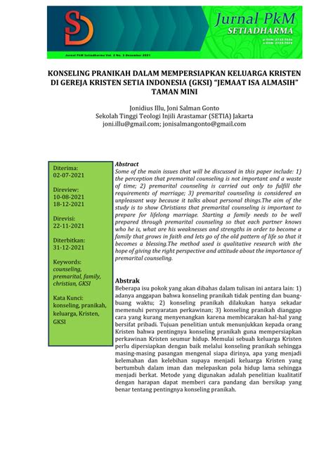 Pertanyaan konseling pranikah kristen  Konseling Pranikah Kristiani: Tujuh Tip untuk Membantu Anda Mencabut Sengat Pelaku Penindas: Menghadapi Kematian Pasangan: Tuhan yang Lebih Besar dari Google:Download Citation | PENTINGNYA PELAYANAN KONSELING PRANIKAH | Pernikahan merupakan impian semua orang, sebab pernikahan berasal dari Allah melalui Adam dan Hawa