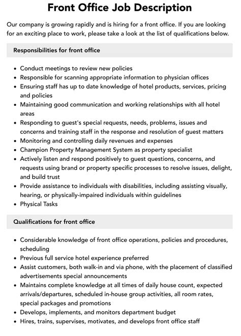 Physical therapy front desk job description 7/hour) The employment of physical therapy office managers is expected to grow much faster than average over the next decade