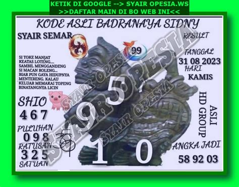 Prediksi syair sydney 14 agustus 2023 net Angka Main Hari Ini Untuk Syd Am : 6482 Angka Wajib Hadir Di 2D untuk puluhan dan satuan Untuk Angka Ikut Hari Ini Ai : 3