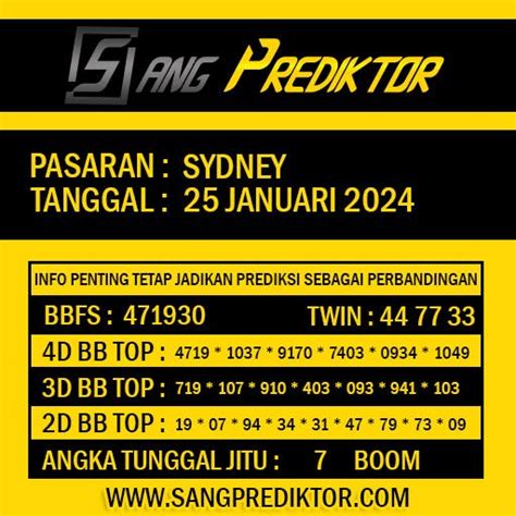 Prediksi top sydney  Prediksi Master Sydney di bagikan sebelum Live Draw Sydney berjalan, Bahkan Sesudah Live Draw Sydney 6D kami akan Gerak Cepat mengupdate Rumusan Top Sydney