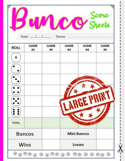 Printable bunco score sheets This Bunco Set includes: 4 Bunco Score Cards (quarter sheet size, 4/page) A Tally Sheet (includes scoring for 4 rounds) As a FREE BONUS you’ll also get: Invites (quarter sheet size, 4/page) Name Tags (formatted for 2” x 4” labels) Bordered Paper