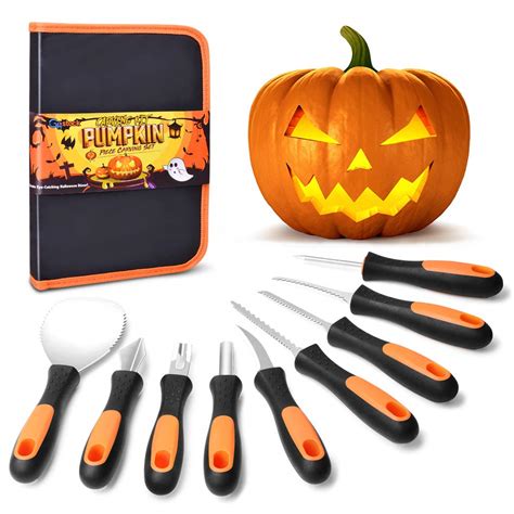 Plastic & Stainless Pumpkin Carving Kit with Paper Stencils, 13pc