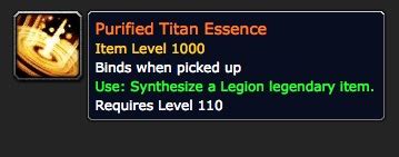Purified titan essence  Assume that approximately one of these can be purchased per week on a character that is willing to do the content, based on average essence gained per week