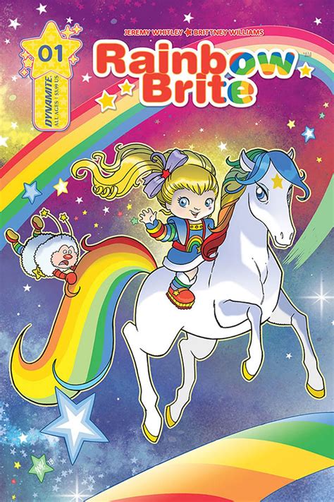 Rainbowbrite fanbox  Her outfit consists of a blue dress with long sleeves with multicolored stripes on them, a white hem, and a yellow circular collar