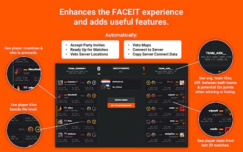 Repeek faceit  Highlights: - Ready up for matches automatically - Accept party invites automatically - See teams Elo in match rooms - See how much Elo you'll win or loose - See how