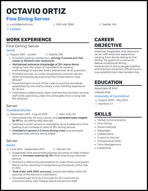 Resume for fine dining server In this guide, we’ll show you how to write a winning bartender resume tailored to the industry’s unique demands