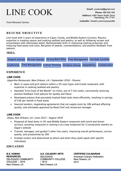 Resume for line cook  Create a professional-level resume with ease