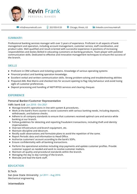 Retail relationship banker resume examples  Here are some examples to inspire your resume summary: “Results-driven Banker with over 8 years of experience in providing personalized financial solutions, adept at meeting and exceeding sales targets