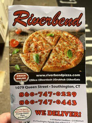 Riverbend pizza and restaurant southington menu  Give us a call at (860) 793-6000 and we'll greet you at the door!The current favorites are: 1: Tuscany Restaurant & Pizzeria, 2: Hubbard Park Pizza of Southington, 3: Family Pizza, 4: The Fire Place, 5: Giovanni's Pizzeria&Grill