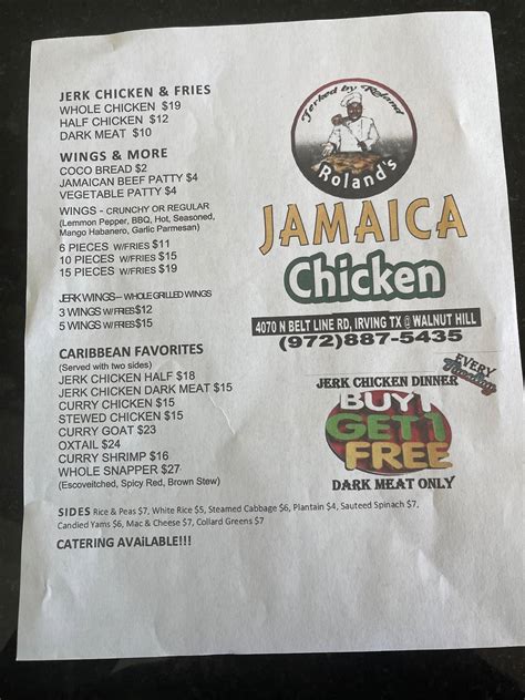 Roland's jamaica chicken menu Spend Your Card at Roland’s Jamaican Chicken! 📞 (972) 887-5435 📍 4070 N Belt Line Rd, Ste 162 A Prepaid Mastercard that works at any independent business that accepts Mastercard in Irving, TX 🛍️Rodney's Jamaican Grill, 814 8th Ave W, Palmetto, FL 34221, Mon - Closed, Tue - 11:00 am - 10:00 pm, Wed - 11:00 am - 10:00 pm, Thu - 11:00 am - 10:00 pm, Fri - 11:00 am - 1:00 am, Sat - 11:00 am - 1:00 am, Sun - 1:00 pm - 9:00 pm
