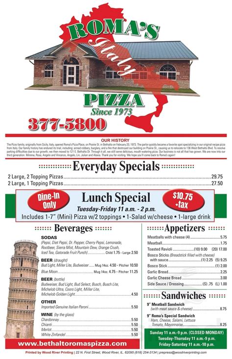 Romas bethalto il Menu for Roma's Pizza Lunch Menu; Menu; Available Tuesday to Friday, from 11 AM - 2 PM