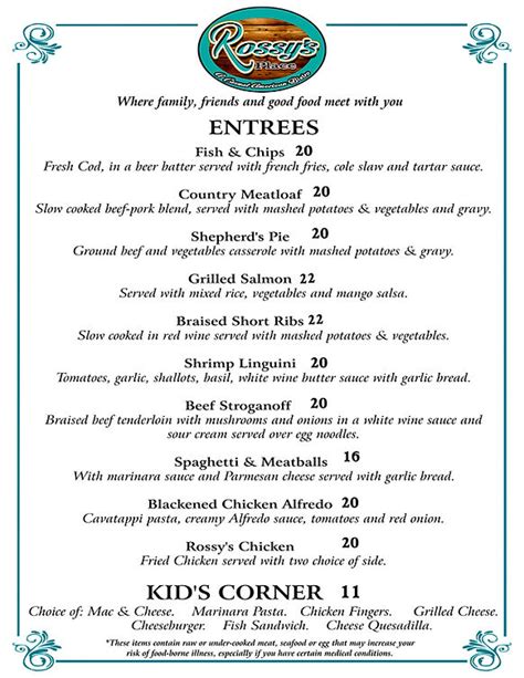 Rossy's place menu  (708) 798-5600