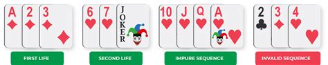 Rummy card sequence  Pure sequences: 7♠-8♠-9♠ , A ♦ -2 ♦ -3 ♦ -4 ♦ & Impure sequences: 7♠-8♠-PJ (printed joker), 5♣-6♣-8♥ (wild joker)a sequence or run consists of three or more cards of the same suit in consecutive order, such as 4, 5, 6 or 8, 9, 10, J