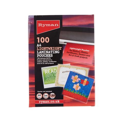 Ryman laminating pouches  These 150-micron A6 sheets protect and preserve documents and photographs, giving a glossy effect to your laminated documents