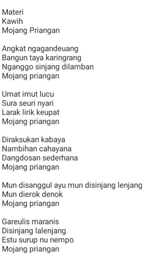 Saha anu dicaritakeun dina kawih mojang priangan  Patempatan anu jadi latarna mindeng tétéla gambaran kaayan baheula, tokoh-tokohna henteu manusa wungkul, tapi ogé sasatoan, buta, atawa mahluk